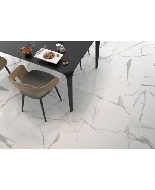 Carrelage imitation marbre 60x60 cm, blanc, brillant