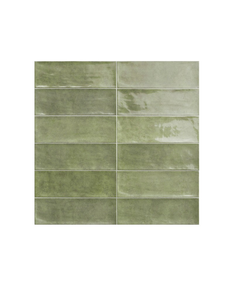 Faïence murale, vert, format 10x30 cm, finition brillante, pour crédence de cuisine et salle de bain.