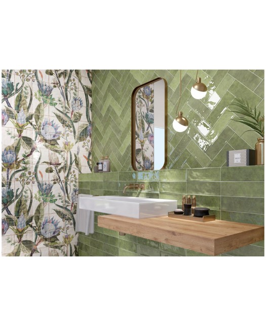 Carrelage mural vert, format 10x30 cm, finition brillante, pour crédence de cuisine et salle de bain.