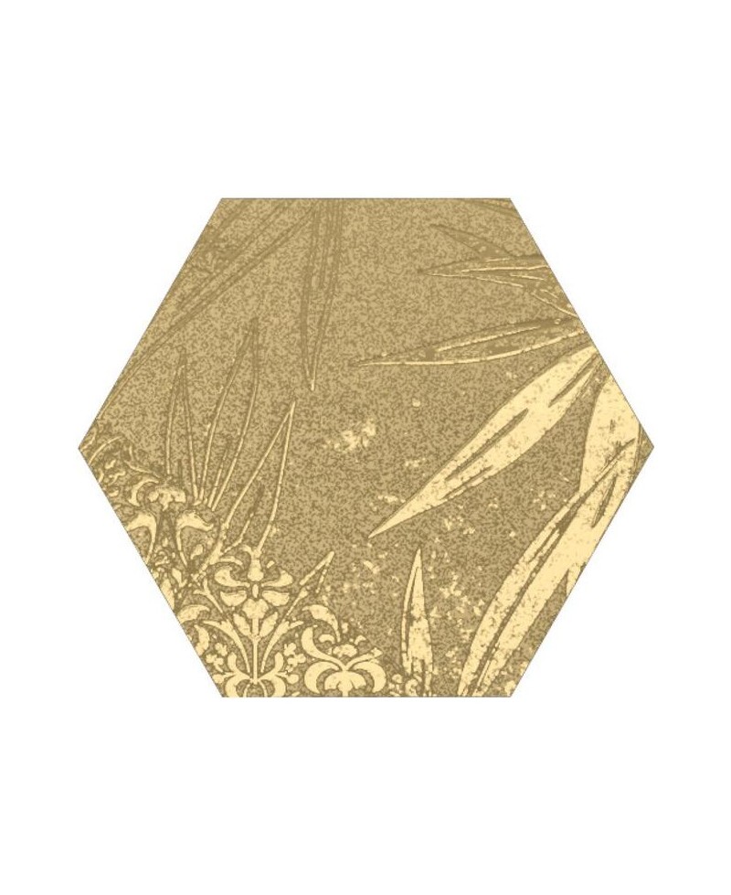 Carrelage hexagonal aspect ciment avec motifs dorés 15x17 cm