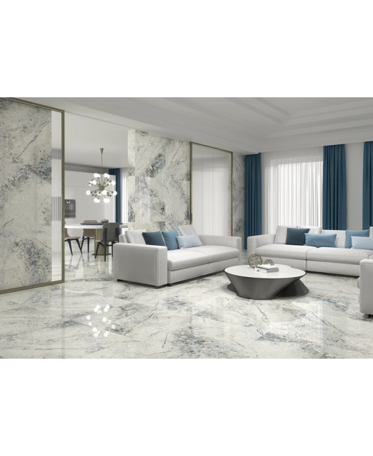 Carreau aspect marbre 90x90 cm, blanc, poli, rectifié.