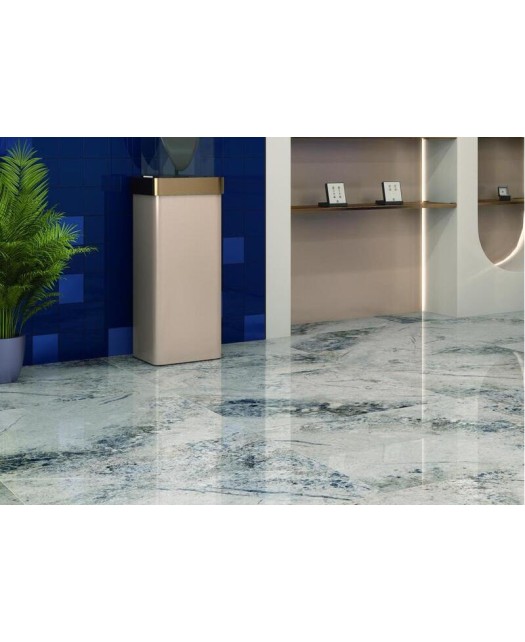 Carrelage imitation marbre 90x90 cm, bleu, poli, rectifié.
