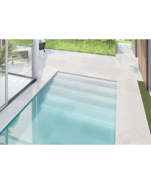 Carrelage effet pierre en grès cérame émaillé - 90x90 cm - antidérapant - gris clair - intérieur/extérieur - piscine